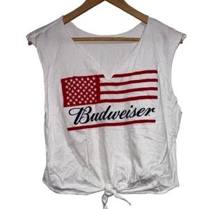 Budweiser tee shirt cuff off sleeves cropped raw hem tie front medium